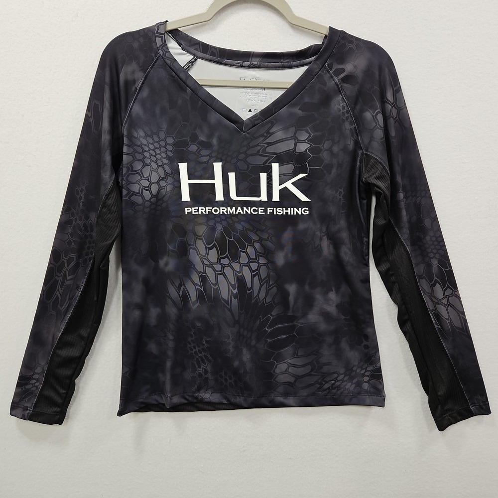 Huk Kryptek Typhon Performance Long Sleeve Fishing Shirt Women M Black Gray Camo
